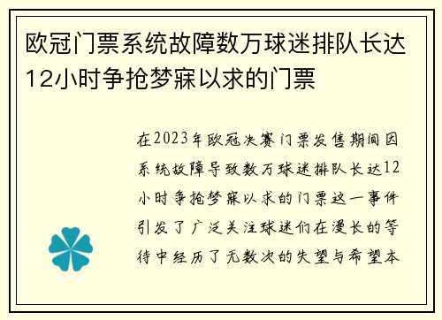 欧冠门票系统故障数万球迷排队长达12小时争抢梦寐以求的门票